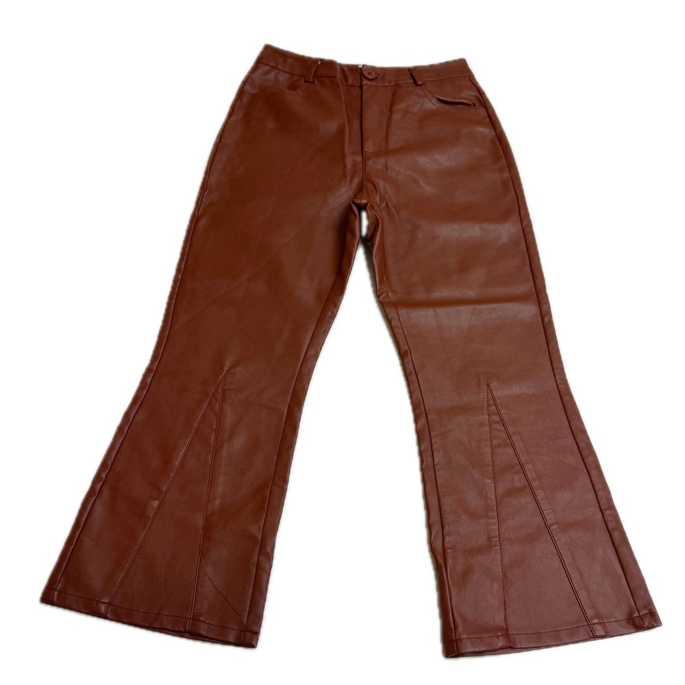 Princess Polly Pants Womens Size 2 Brown Faux Leather Flare High Rise Split Hem